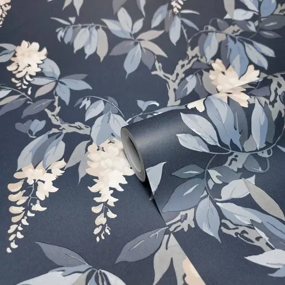 Floral Wallpaper with Pearlescent Highlights - Navy