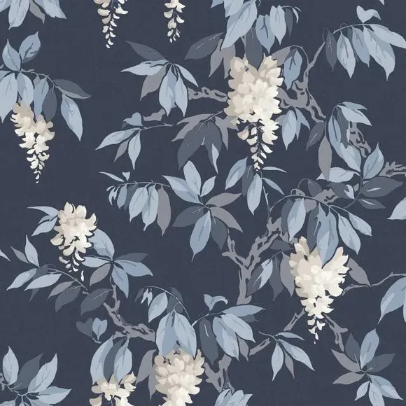Floral Wallpaper with Pearlescent Highlights - Navy