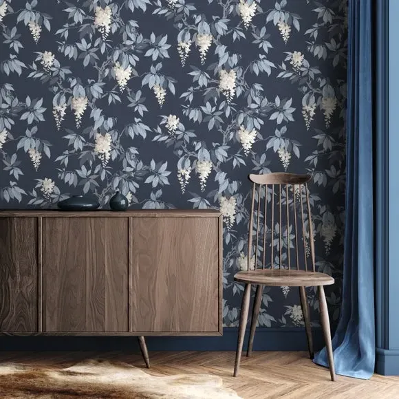 Floral Wallpaper with Pearlescent Highlights - Navy image