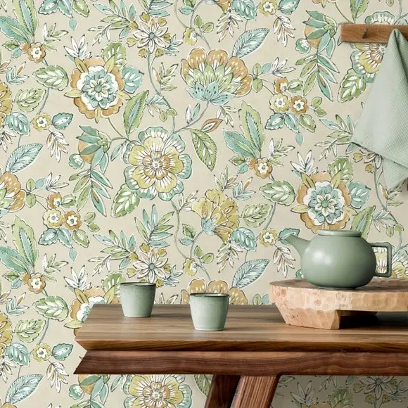 Floral Wallpaper with Pearlescent - Pebble