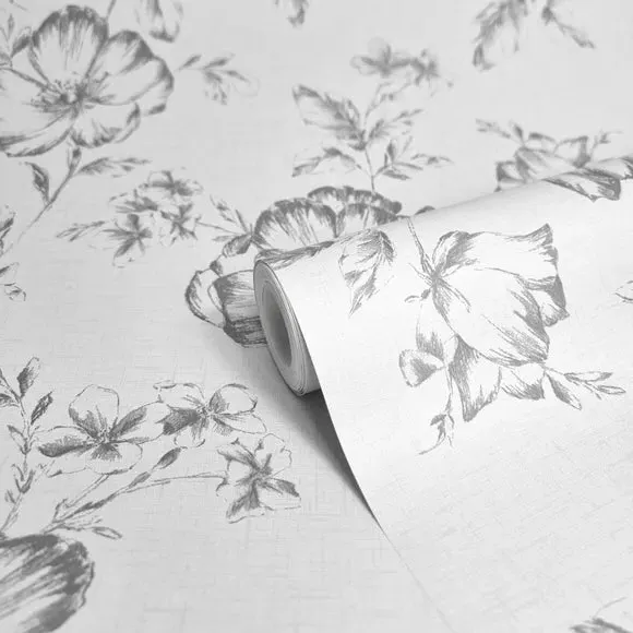 Floral Wallpaper with Vintage Design - Grey