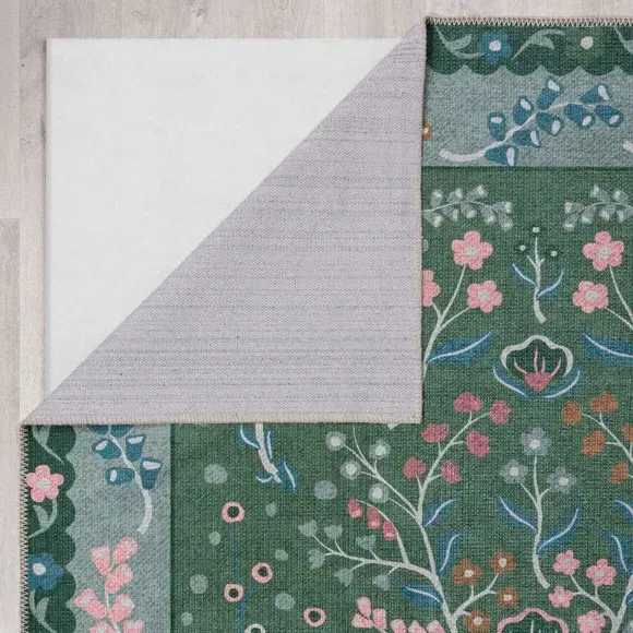 Floral Washable Rug - Green, Cotton Blend