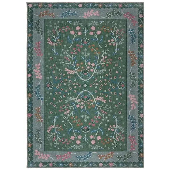 Floral Washable Rug - Green, Cotton Blend