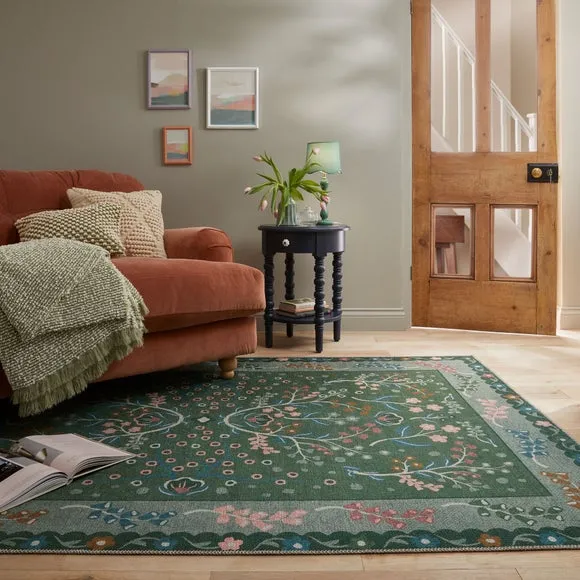 Floral Washable Rug - Green, Cotton Blend