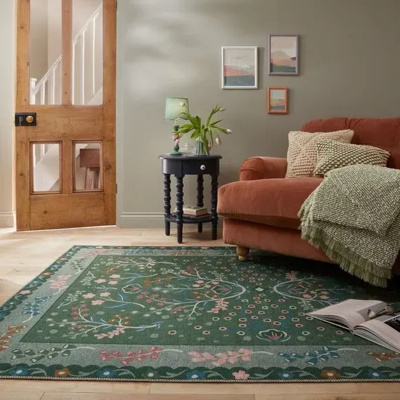 Floral Washable Rug - Green, Cotton Blend image