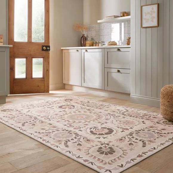 Floral Washable Rug - Natural, Cotton Blend