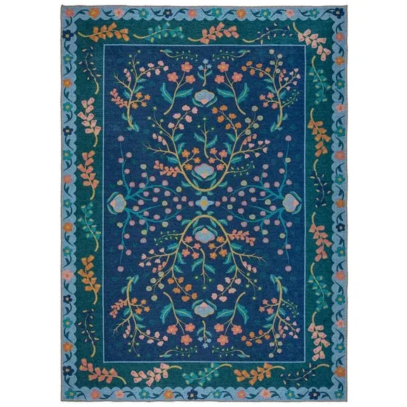 Floral Washable Rug - Navy, Cotton Blend