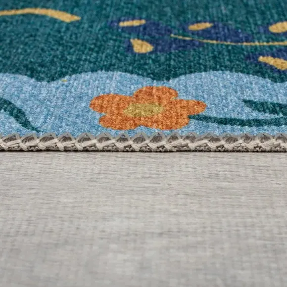 Floral Washable Rug - Navy, Cotton Blend