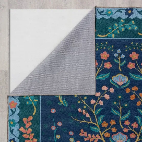 Floral Washable Rug - Navy, Cotton Blend