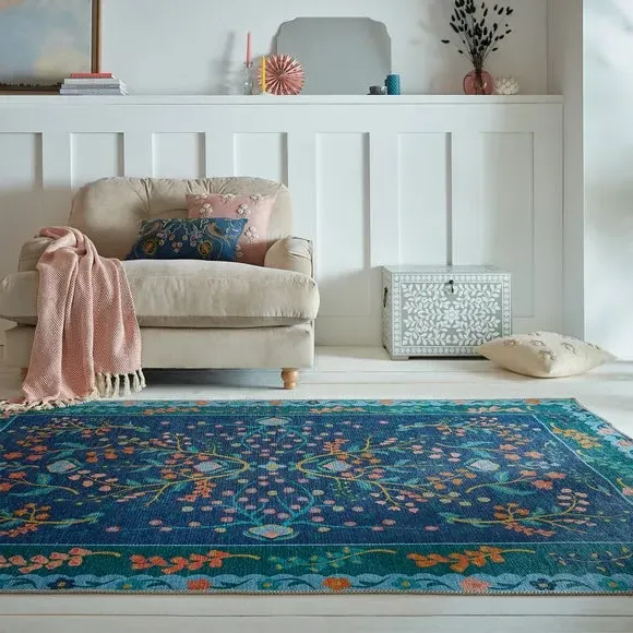 Floral Washable Rug - Navy, Cotton Blend