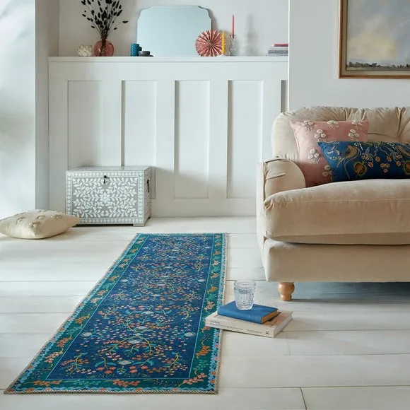 Floral Washable Runner - Navy, Cotton Blend