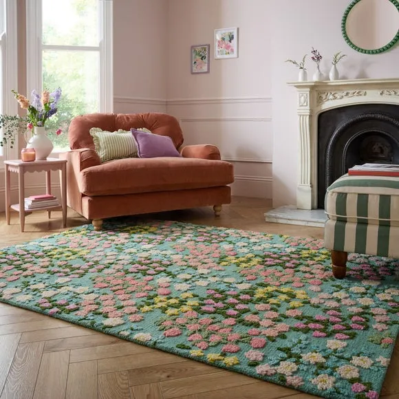 Floral Wool Rug with High-Low Pile - Multicoloured