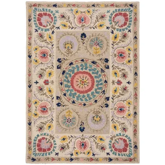 Floral Wool Rug with Loop Design - Multi, Wool