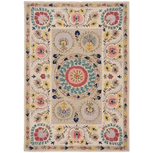 Floral Wool Rug with Loop Design - Multicoloured, Wool