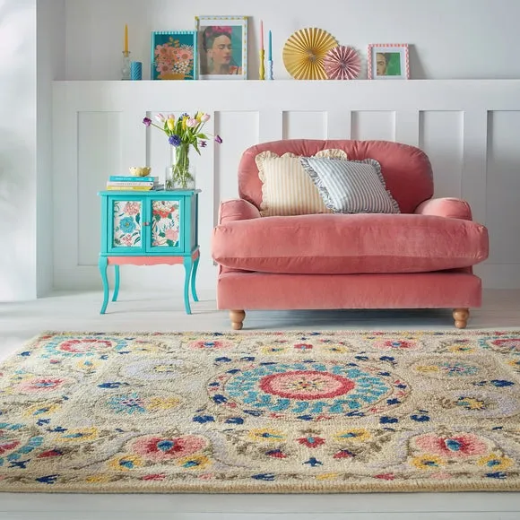 Floral Wool Rug with Loop Design - Multicoloured, Wool image