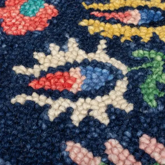Floral Wool Rug with Loop Design - Navy, Wool
