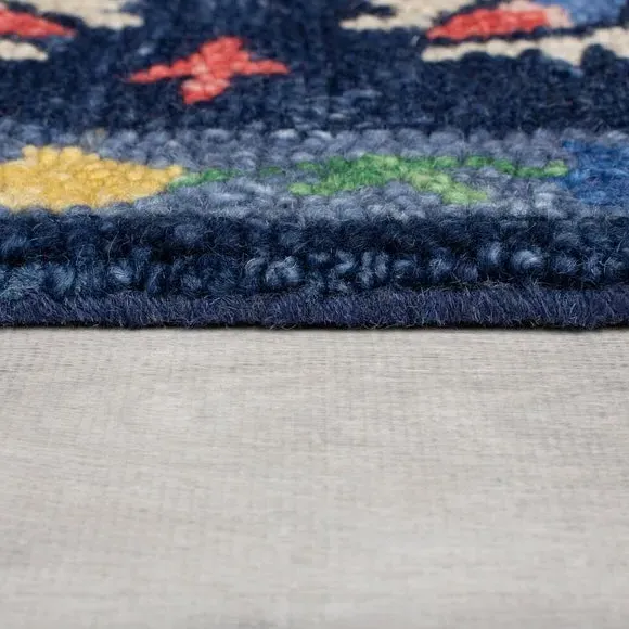 Floral Wool Rug with Loop Design - Navy, Wool