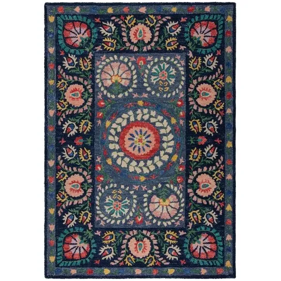 Floral Wool Rug with Loop Design - Navy, Wool