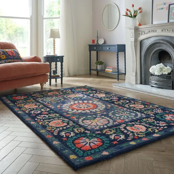Floral Wool Rug with Loop Design - Navy, Wool
