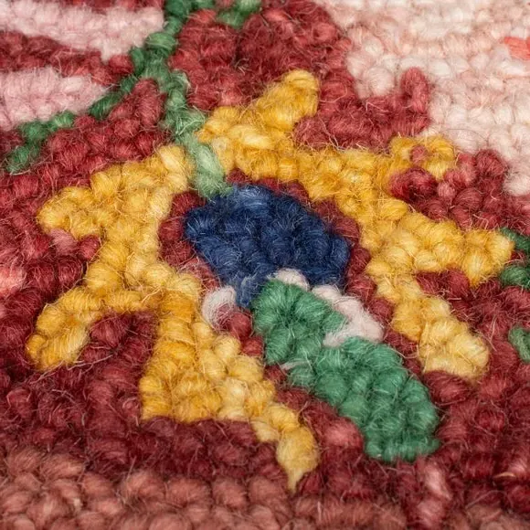 Floral Wool Rug with Loop Design - Red, Wool