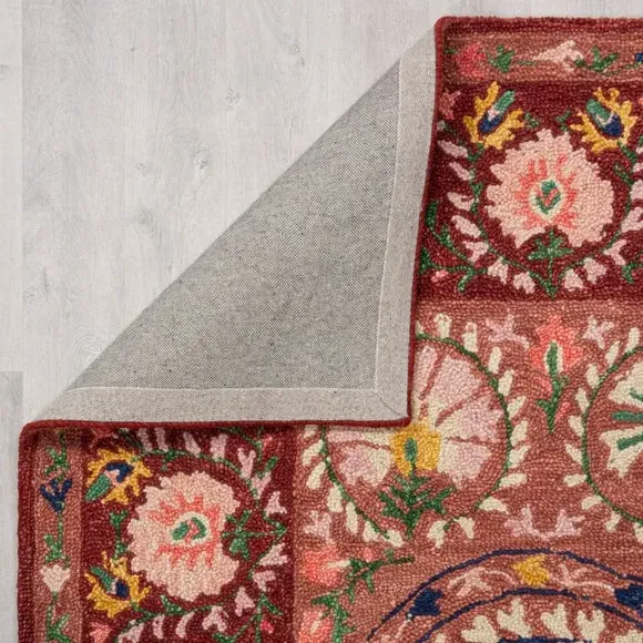 Floral Wool Rug with Loop Design - Red, Wool