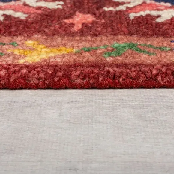 Floral Wool Rug with Loop Design - Red, Wool
