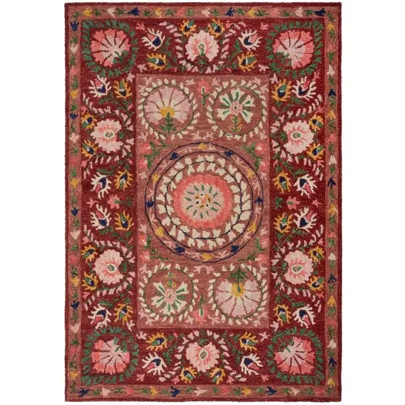 Floral Wool Rug with Loop Design - Red, Wool