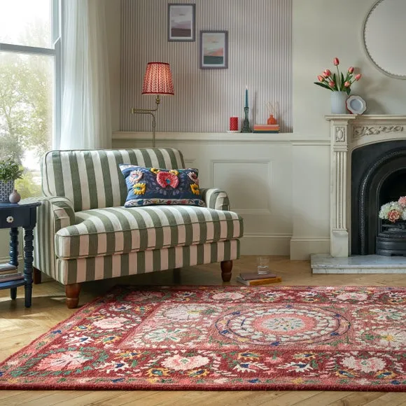 Floral Wool Rug with Loop Design - Red, Wool