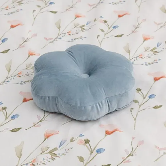 Flower Cushion with Button - Blue, Velvet