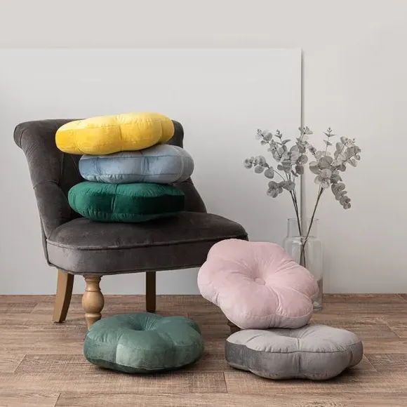 Flower Cushion with Button - Blue, Velvet