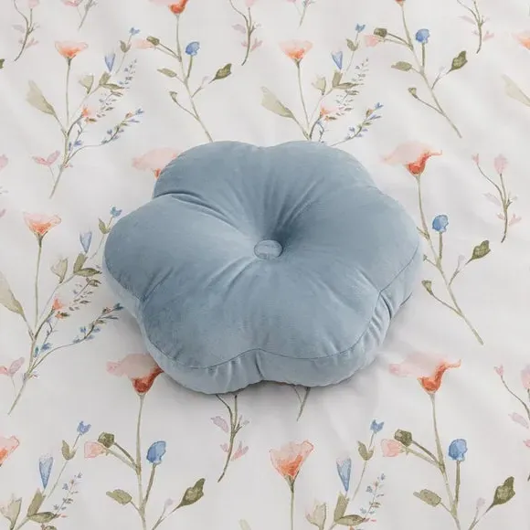 Flower Cushion with Button - Blue, Velvet