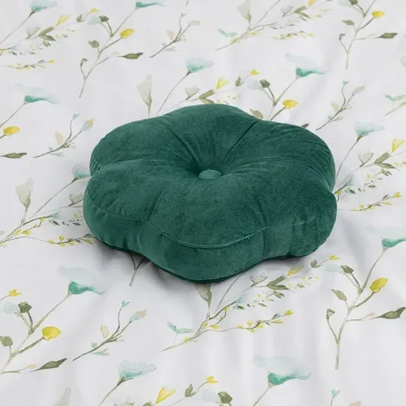 Flower Cushion with Button - Green, Velvet