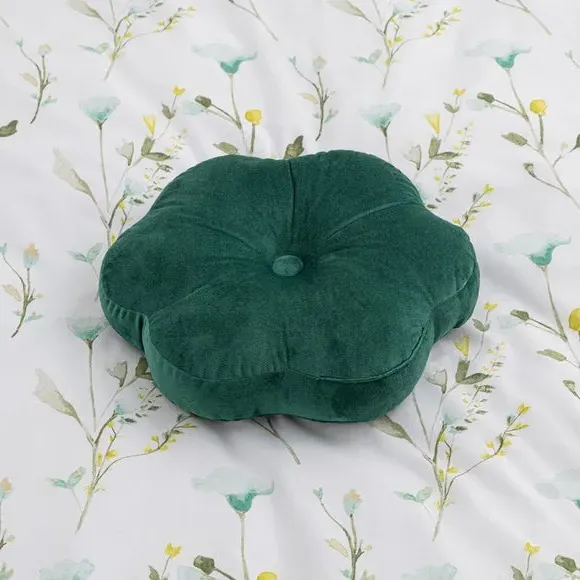 Flower Cushion with Button - Green, Velvet