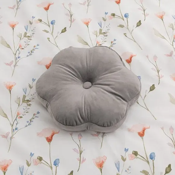 Flower Cushion with Button - Light Grey, Velvet