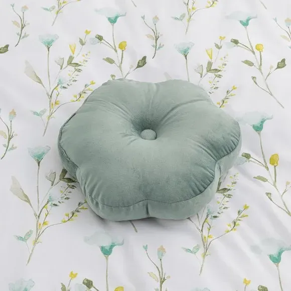Flower Cushion with Button - Sage, Velvet