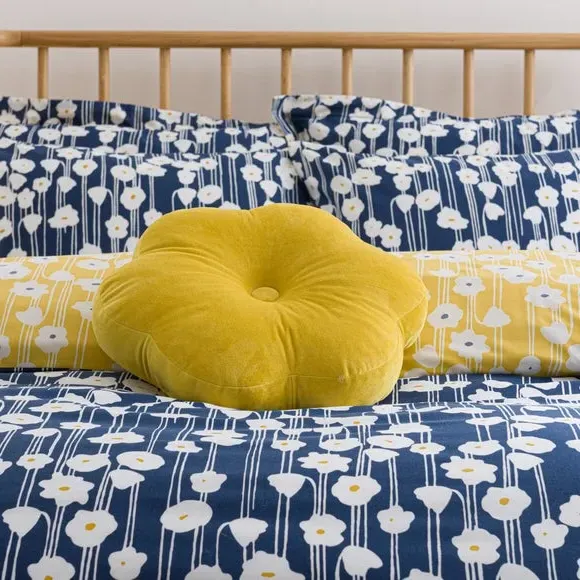Flower Cushion with Button - Yellow, Velvet