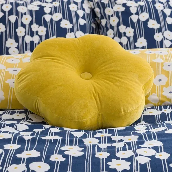 Flower Cushion with Button - Yellow, Velvet