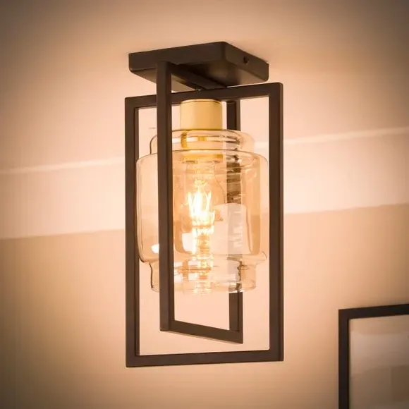 Flush Ceiling Light Industrial - Black, Glass