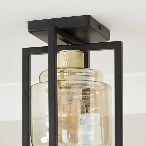 Flush Ceiling Light Industrial - Black, Glass