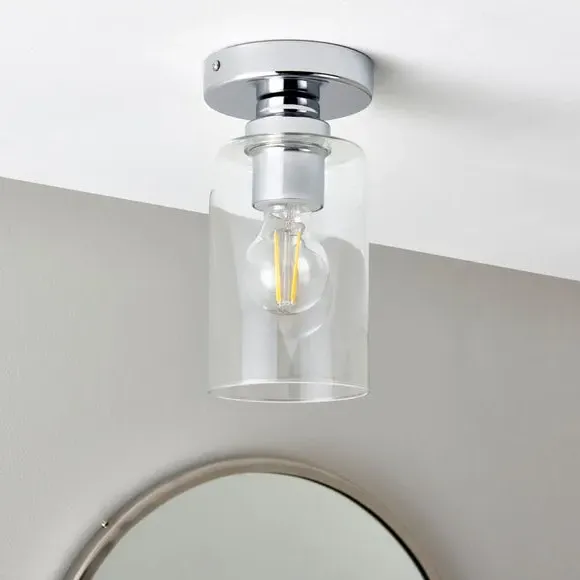 Flush Ceiling Light IP44 Rated - Chrome, Glass