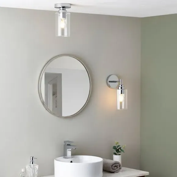 Flush Ceiling Light IP44 Rated - Chrome, Glass