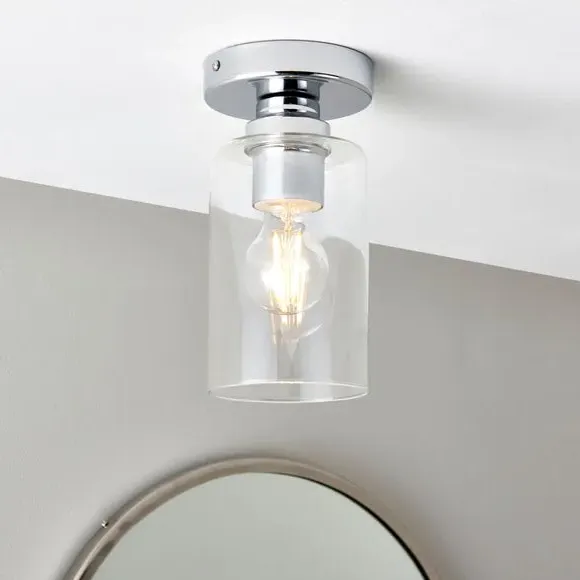 Flush Ceiling Light IP44 Rated - Chrome, Glass