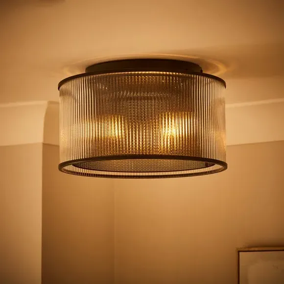 Flush Ceiling Light with Mesh Detail - Black, Glass