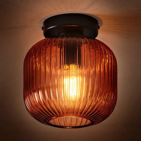 Flush Ceiling Light with Ribbed Glass - Amber