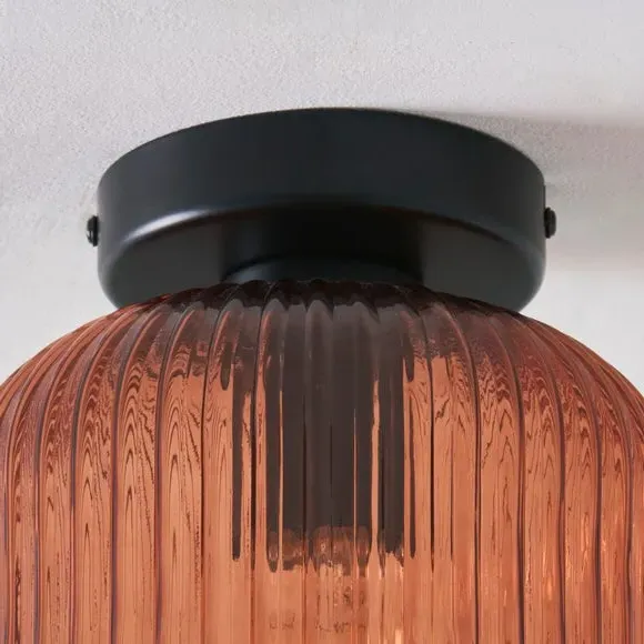 Flush Ceiling Light with Ribbed Glass - Amber