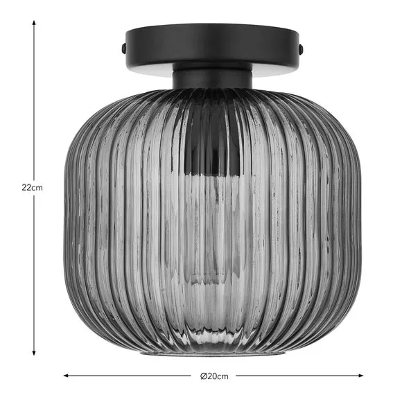 Flush Ceiling Light with Ribbed Glass - Amber