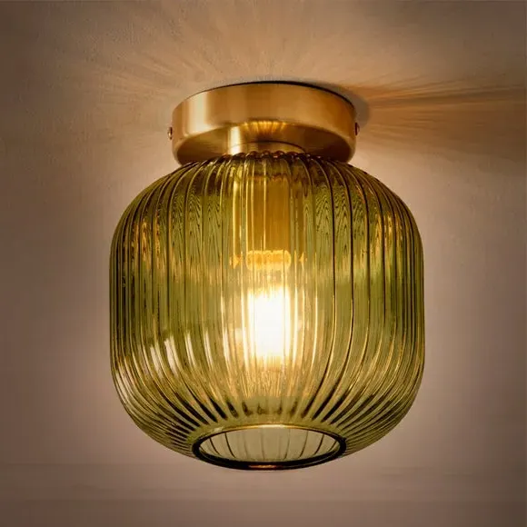 Flush Ceiling Light with Ribbed Glass - Emerald