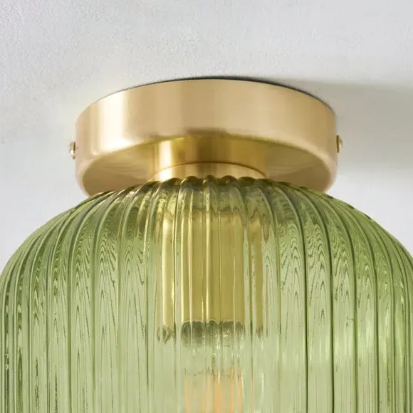 Flush Ceiling Light with Ribbed Glass - Emerald