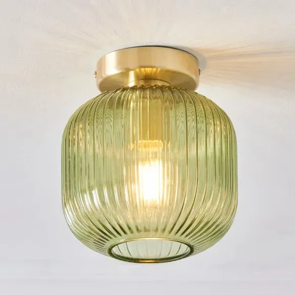 Flush Ceiling Light with Ribbed Glass - Emerald