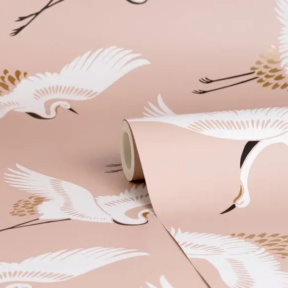 Flying Cranes Wallpaper - Blush, Metallic
